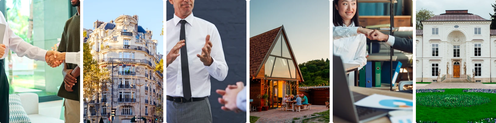 Montage d’images montrant des entrepreneurs, un immeuble haussmannien, une réunion professionnelle et une maison familiale, illustrant l’accompagnement comptable de différents secteurs et patrimoines.